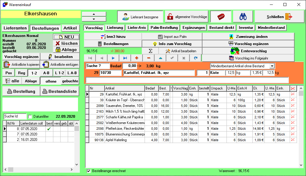 Screenshot Artikelmanager und Bestellvorschläge PC-Gärtner Warenwirtschaft