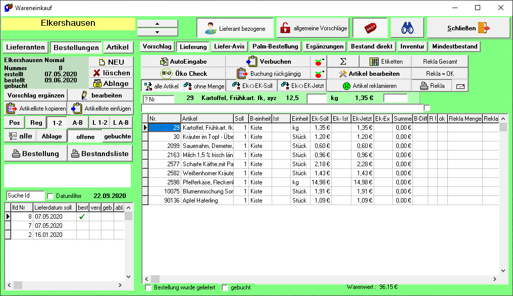 Screenshot Lieferung Buchung PC-Gärtner Warenwirtschaft